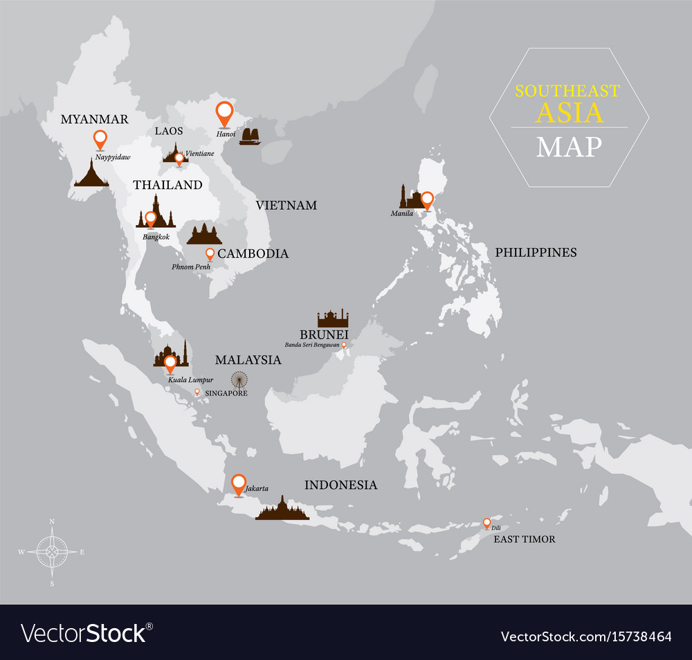 Southeast Asia Map With Country And Capital Vector Image