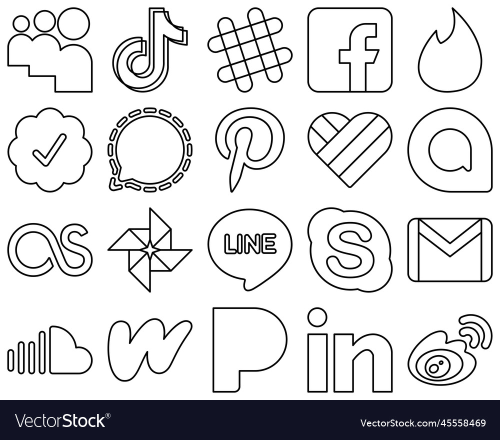 20 premium black line social media icons Vector Image