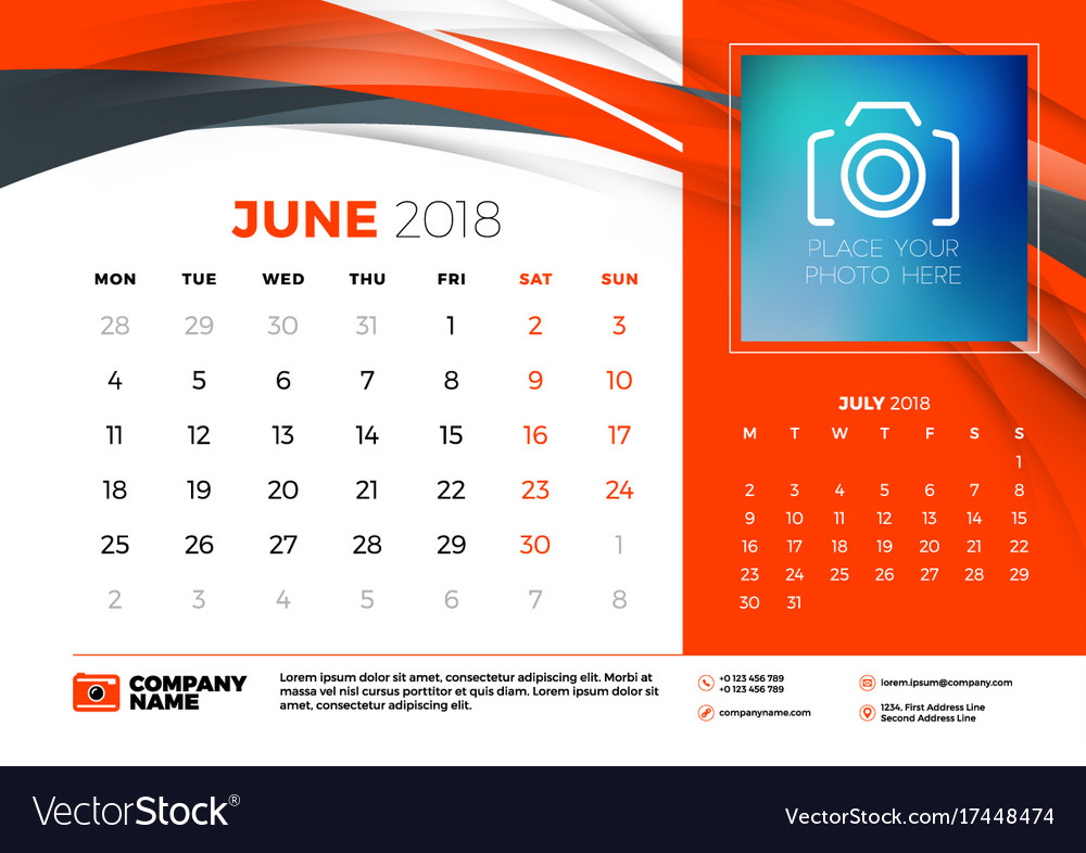 june 2018 desk calendar design template with vector image