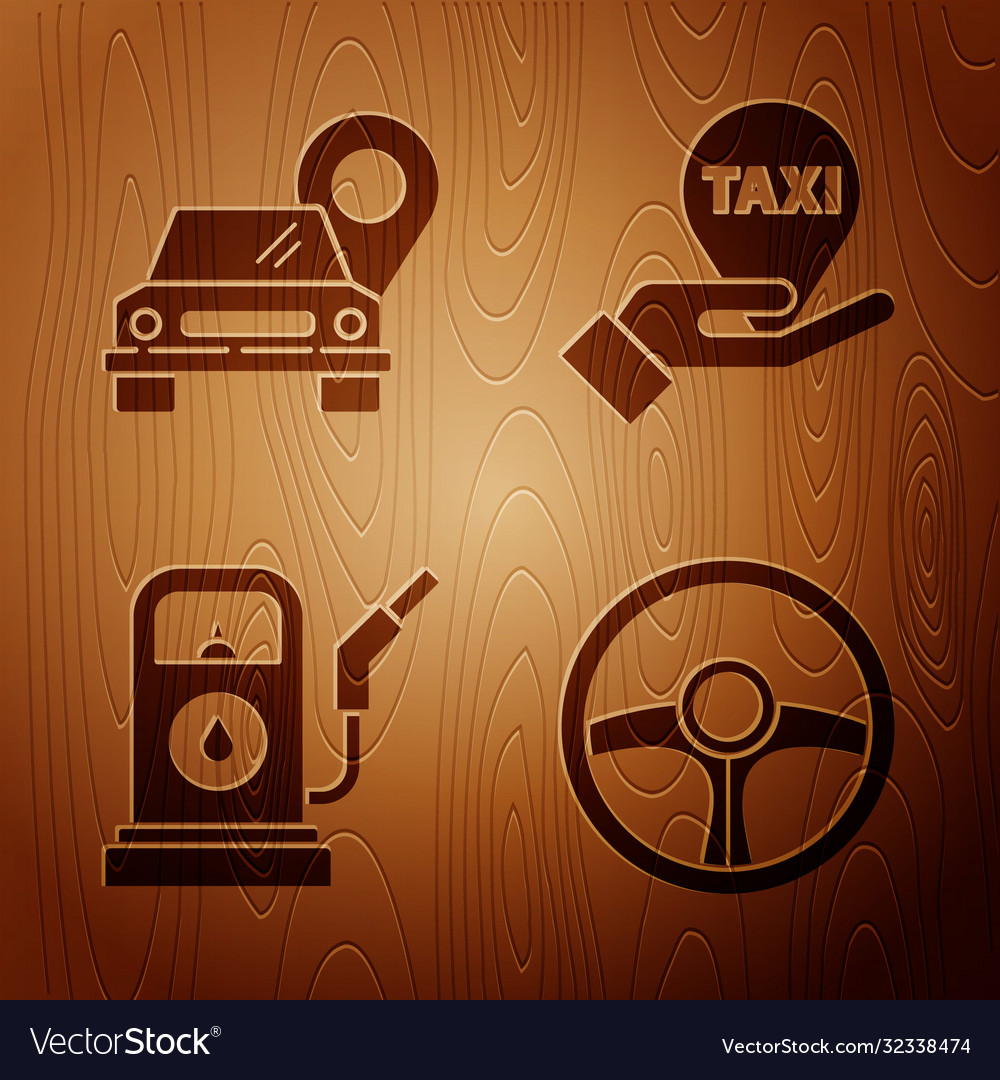 Set steering wheel map pointer with taxi petrol vector image Set steering wheel map pointer with taxi petrol
