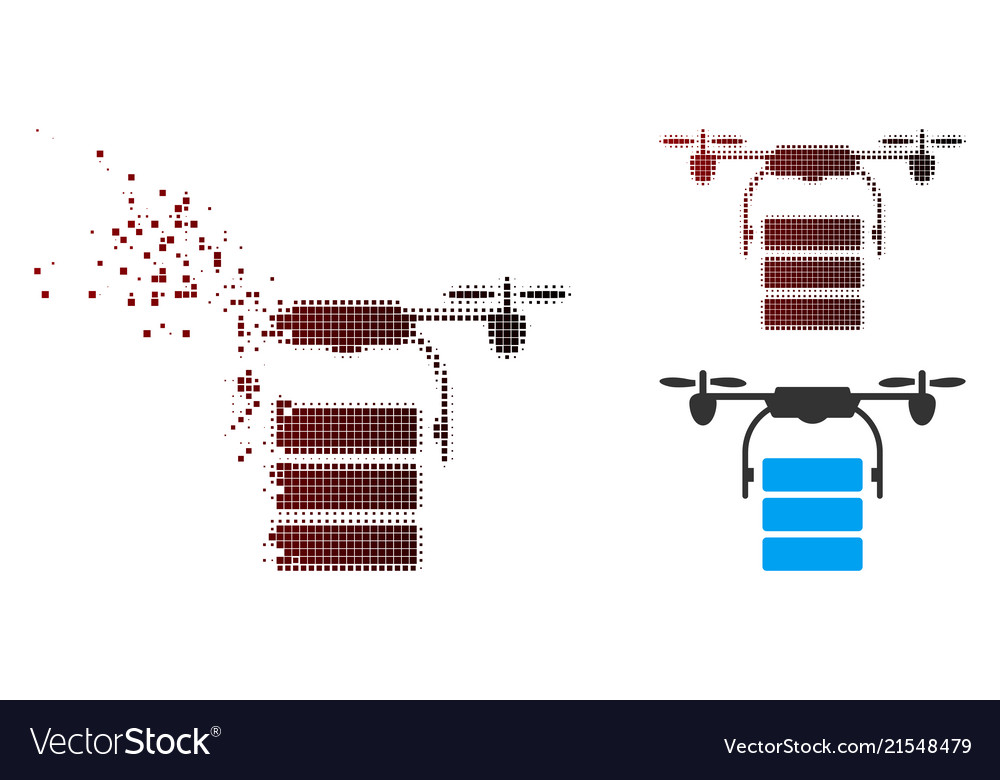 Destructed pixel halftone cargo drone icon