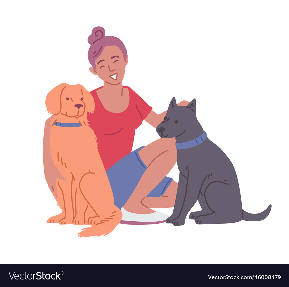 Happy woman with two cute dogs hand drawn flat