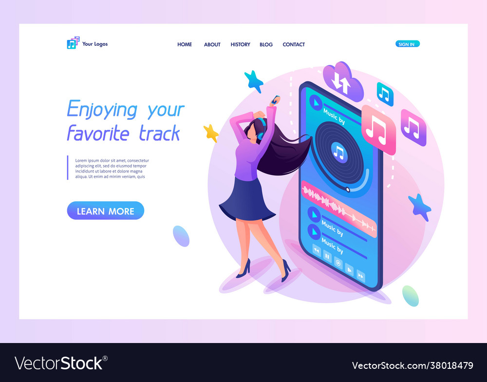 Landing page isometry girl with headphones enjoy