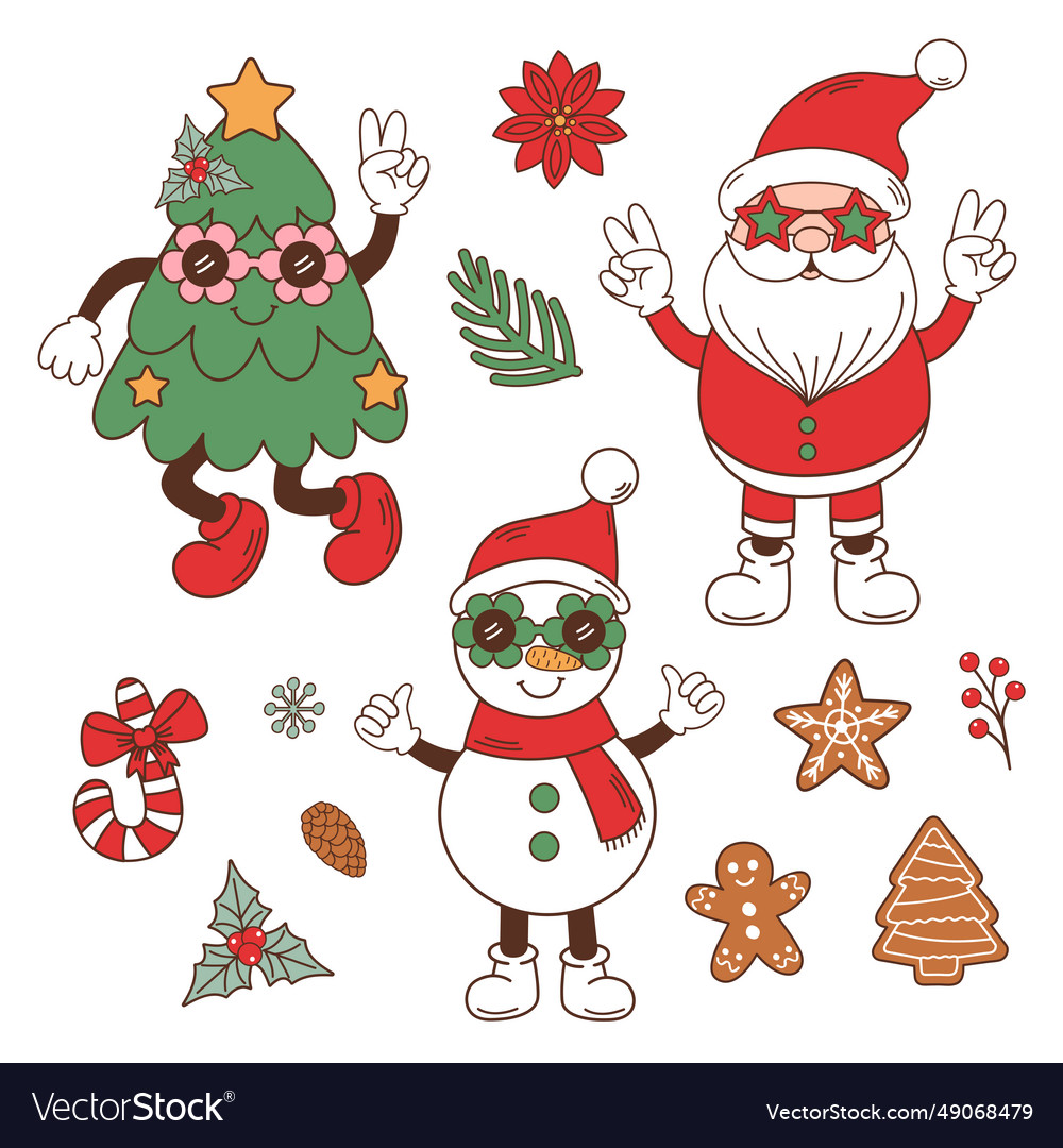 Set von isoliert groovy retro santa snowman chris Vector Image Set von isoliert groovy retro santa snowman chris