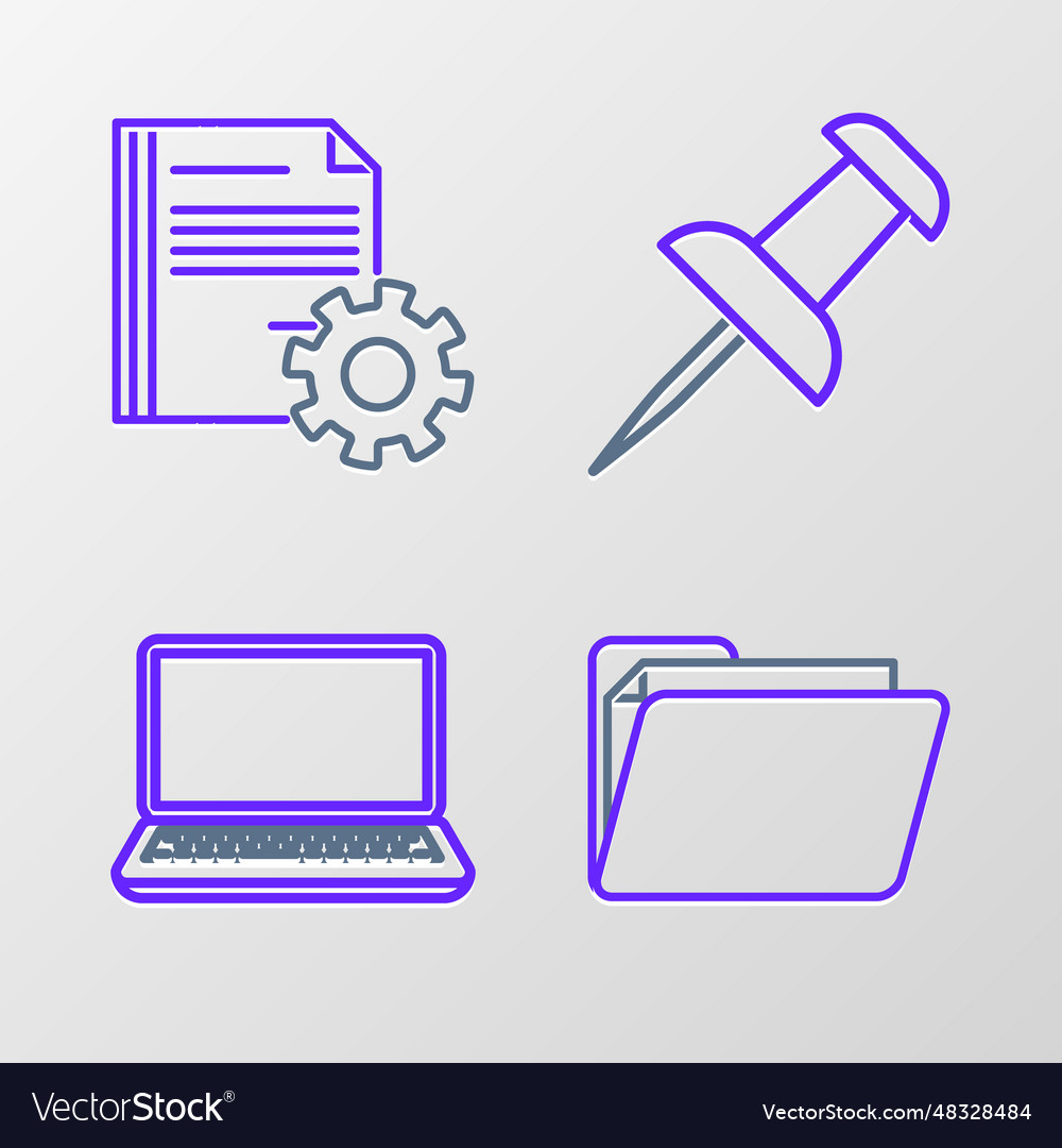 Set line document folder laptop push pin vector image Set line document folder laptop push pin