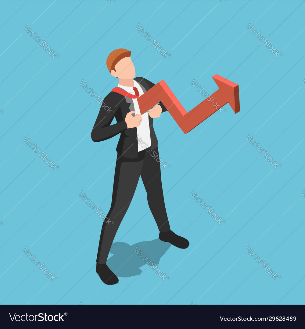 Isometric businessman with red growth arrow come