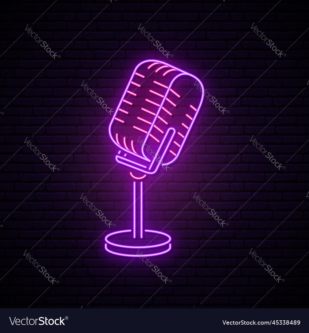 Neon microphone sign glowing icon