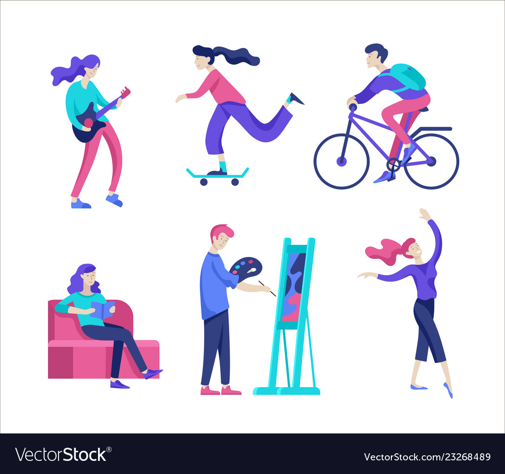 People enjoying their hobbies character Royalty Free Vector