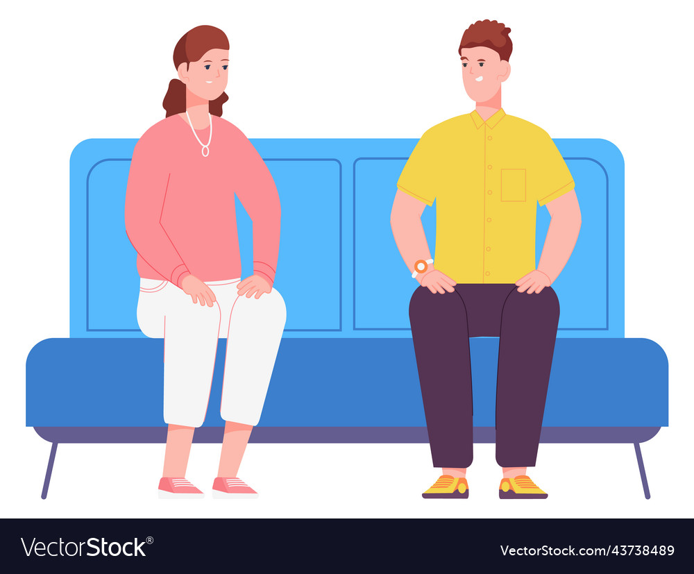 Leute sitzen auf blauem Sofa Mann und Frau warten vector image Leute sitzen auf blauem Sofa Mann und Frau warten