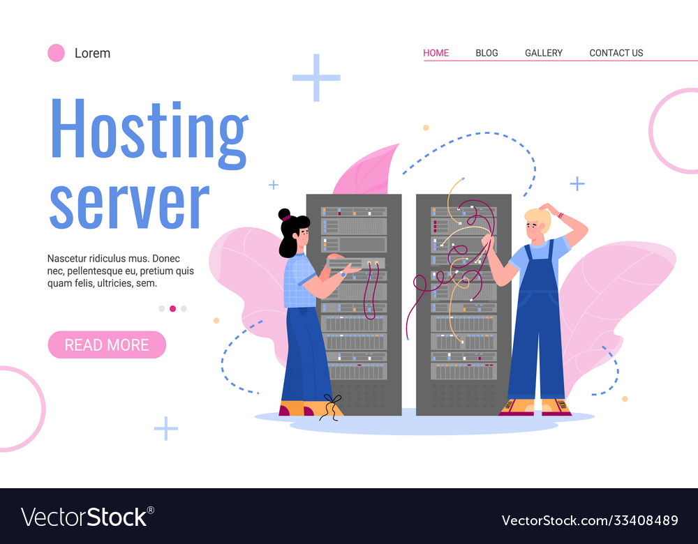 Website for hosting server with it staff in data vector image Website for hosting server with it staff in data