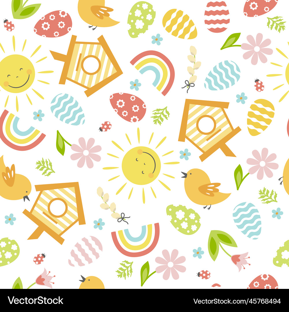 Seamless easter pattern with eggs flowers bird Vector Image