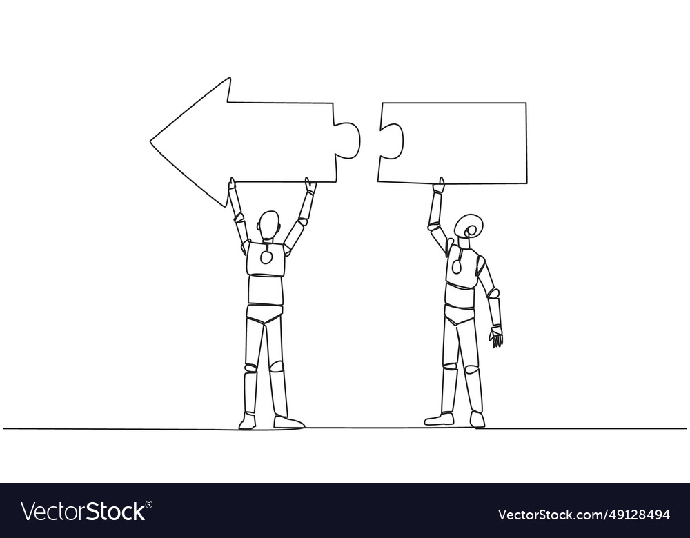 Single continuous line drawing two robots working vector image Single continuous line drawing two robots working