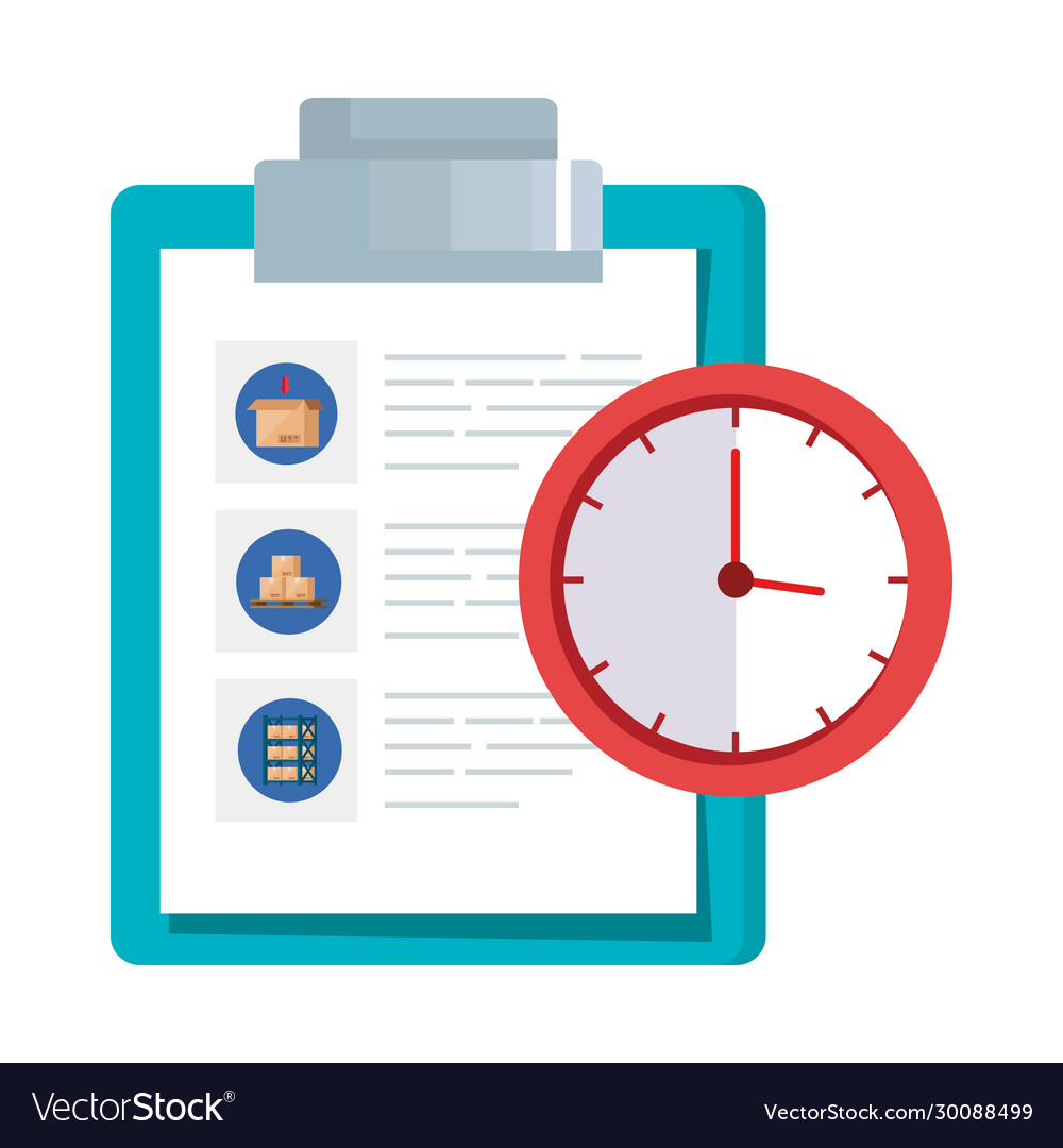 Clipboard with paper document and clock