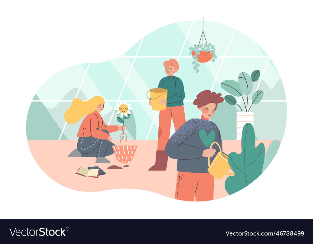 Mann und Frau Charakter in der Gewächshauspflanzung vector image Mann und Frau Charakter in der Gewächshauspflanzung