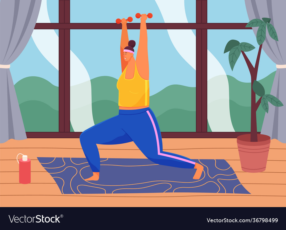 Woman with dumbbells exercising at home to lose Vector Image