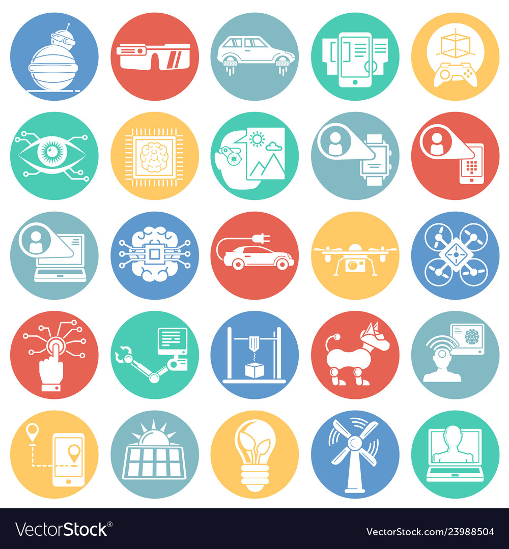 Future technologies icons set on color circles Vector Image Future technologies icons set on color circles