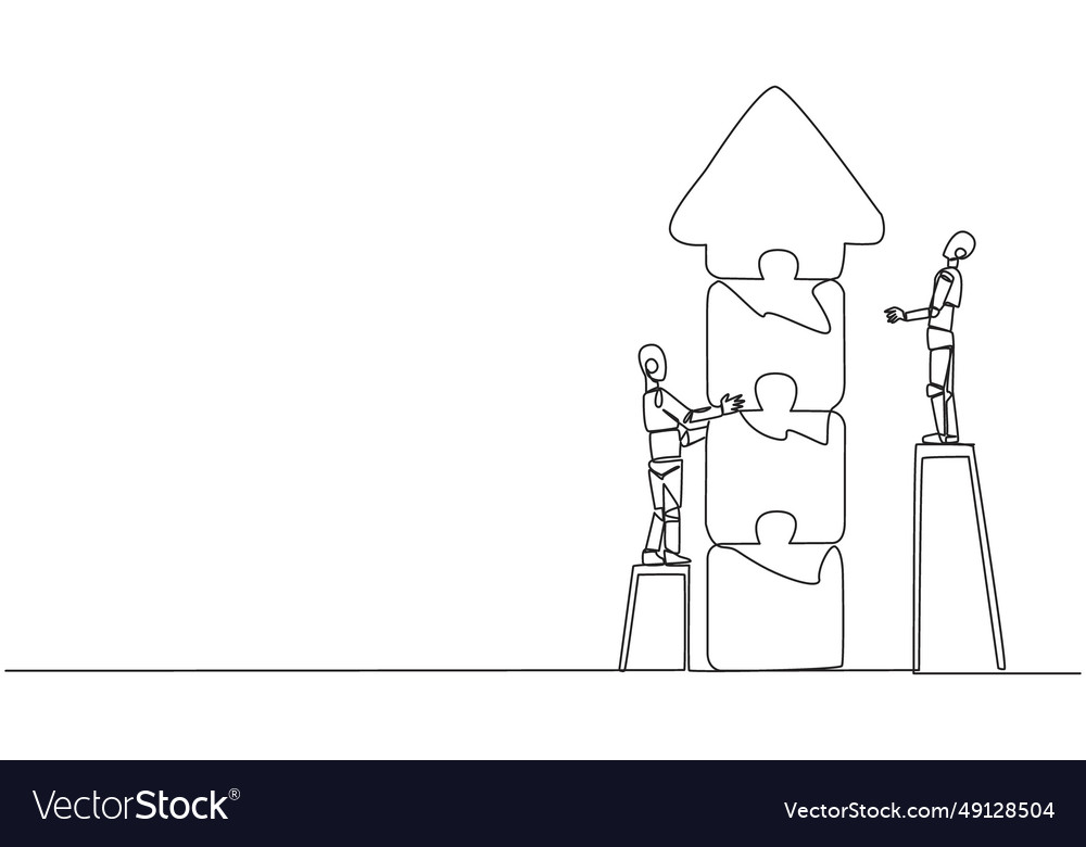 Single continuous line drawing two robots doing vector image Single continuous line drawing two robots doing