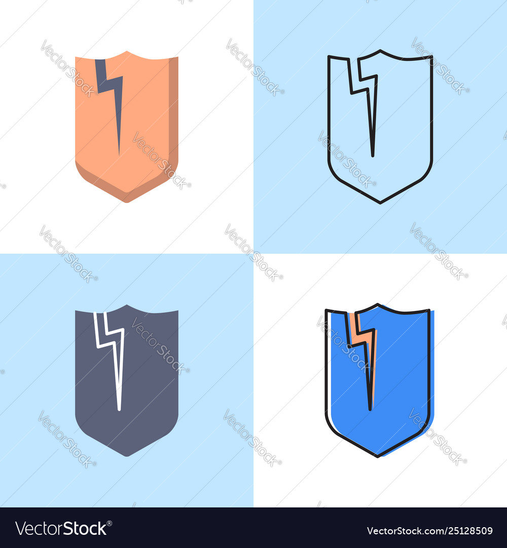 Broken shield icon set in flat and line styles vector image Broken shield icon set in flat and line styles