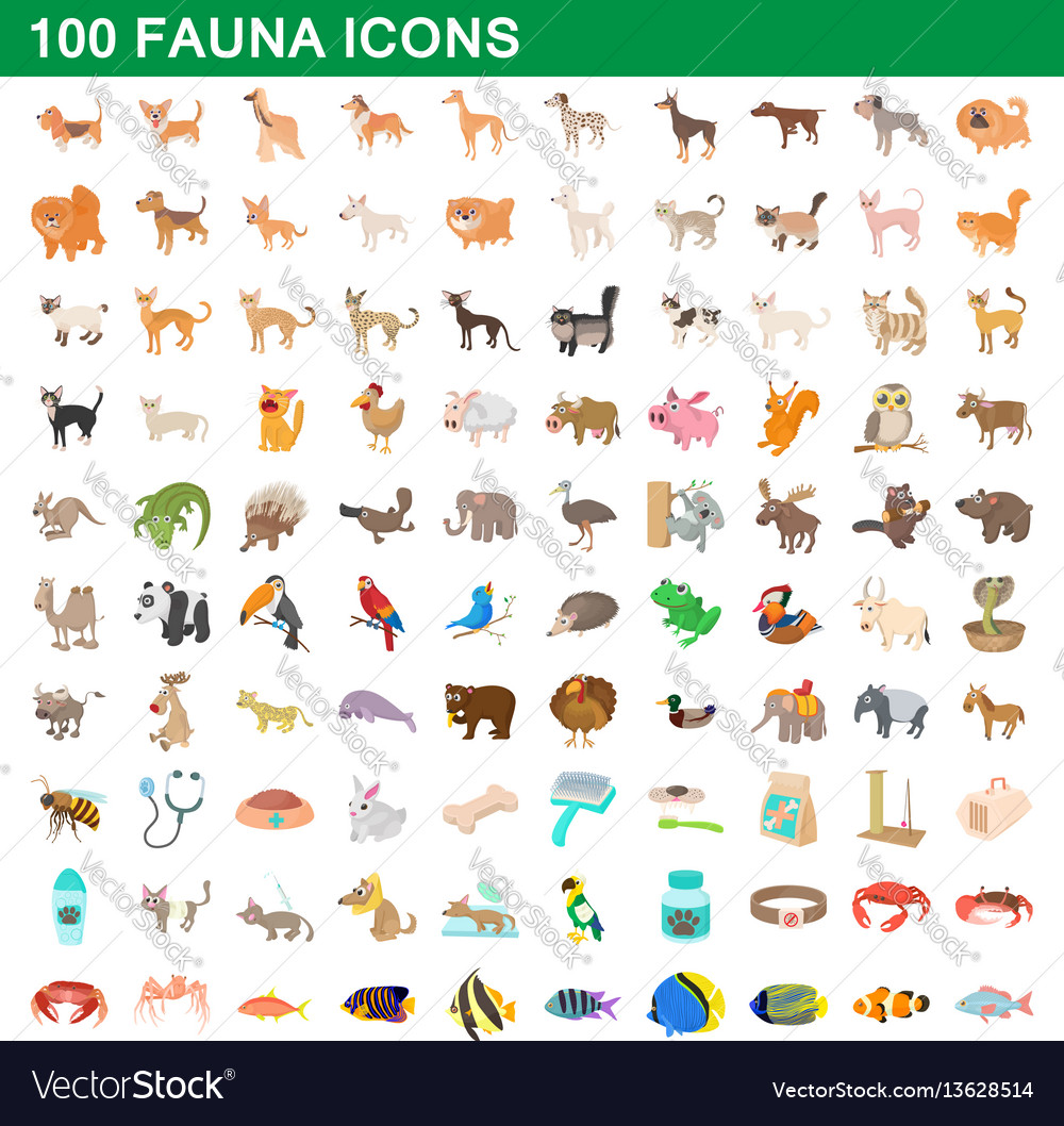 100 fauna icons set cartoon style Royalty Free Vector Image