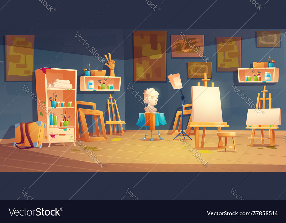 Art classroom with easels paints and brushes Vector Image