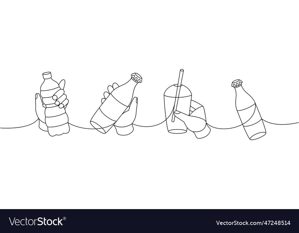 Hands with plastic bottles one line continuous