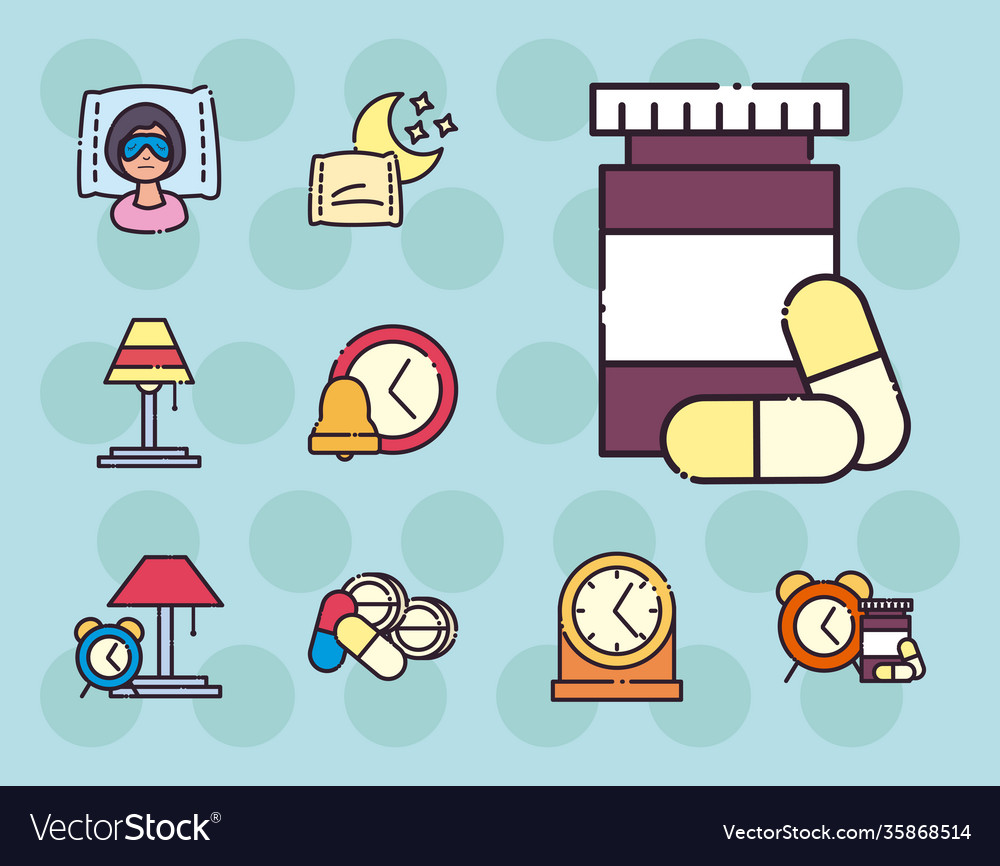 Insomnia line and fill style set icons vector image Insomnia line and fill style set icons