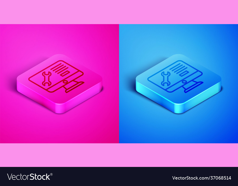 Isometric line computer monitor with wrench icon vector image Isometric line computer monitor with wrench icon