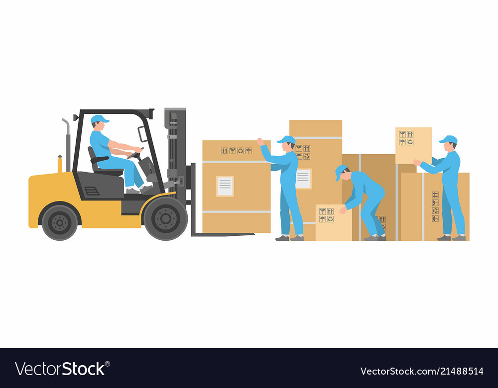 Men loading boxes on forklift Royalty Free Vector Image