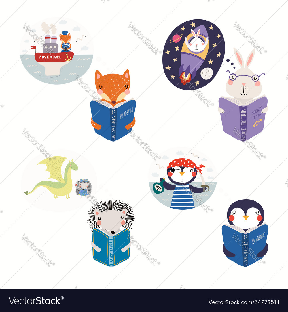 Set cute reading animals