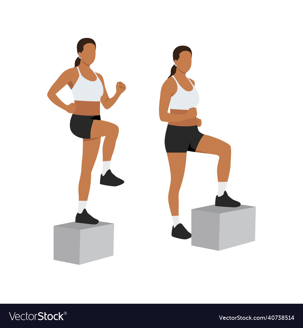 Plyo Box Step Up Correct Technique Stepups Stability Strength   Woman Doing Box Step Up Exercise Flat Vector 40738514 