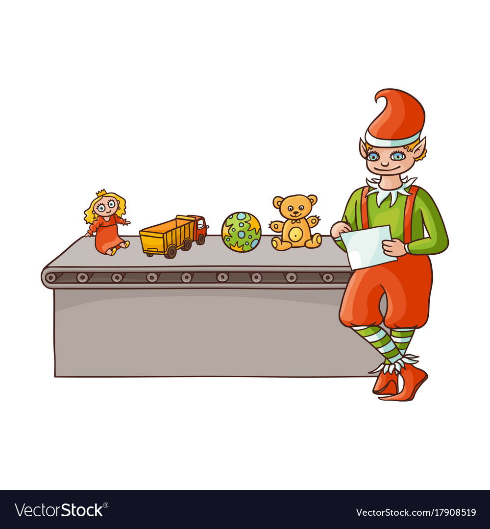 Flat elf boy checking present toys