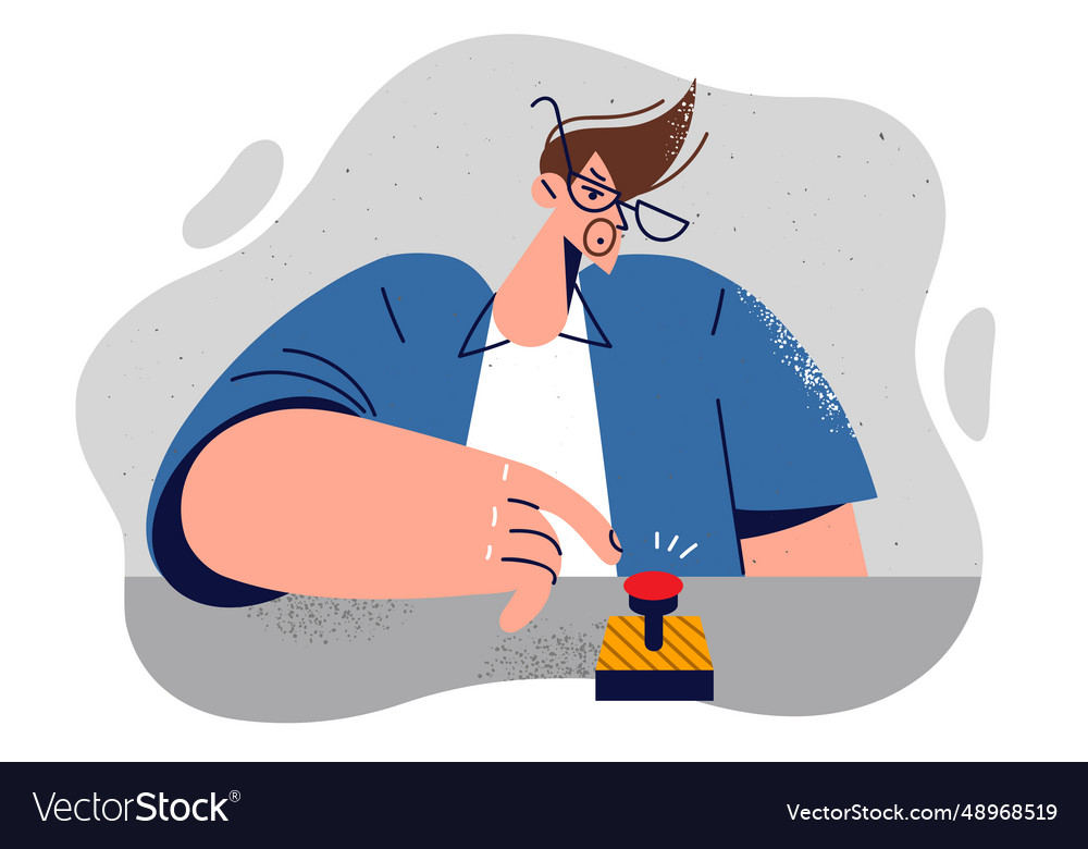 Man presses red button symbolizing start Vector Image Man presses red button symbolizing start