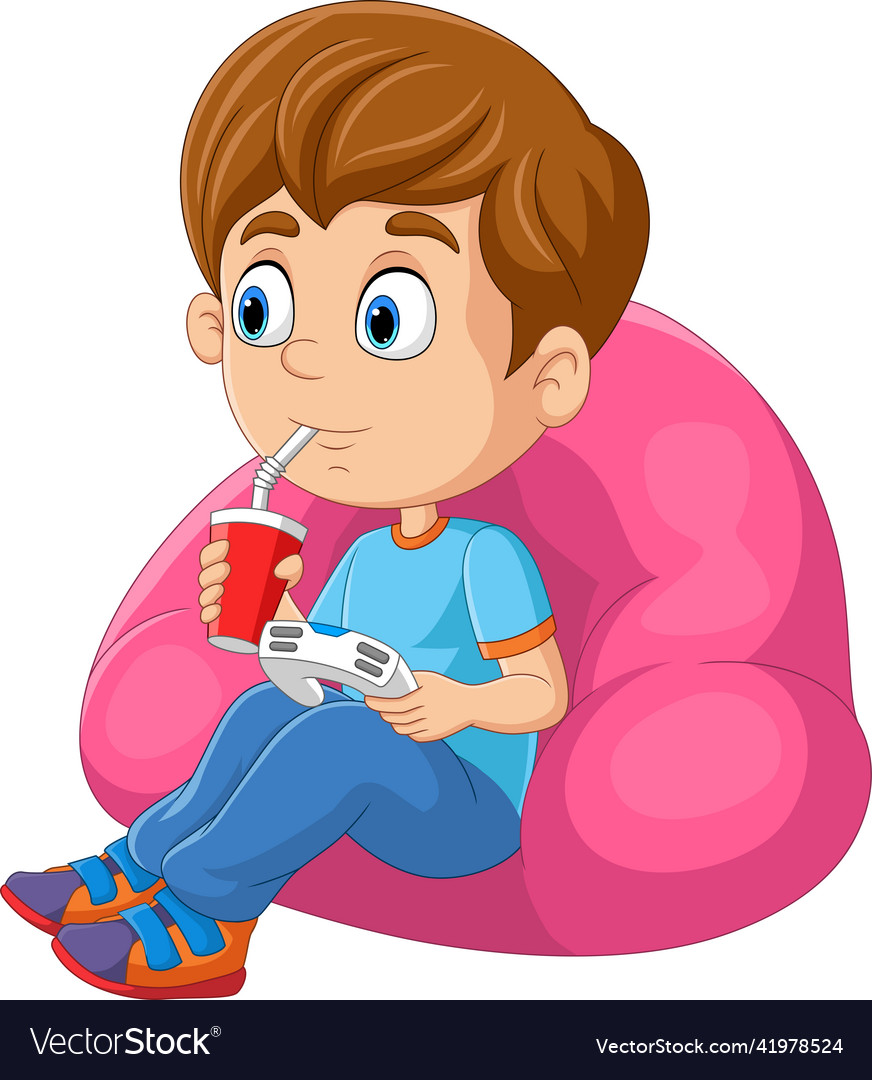 Boy Playing Video Game with Soda