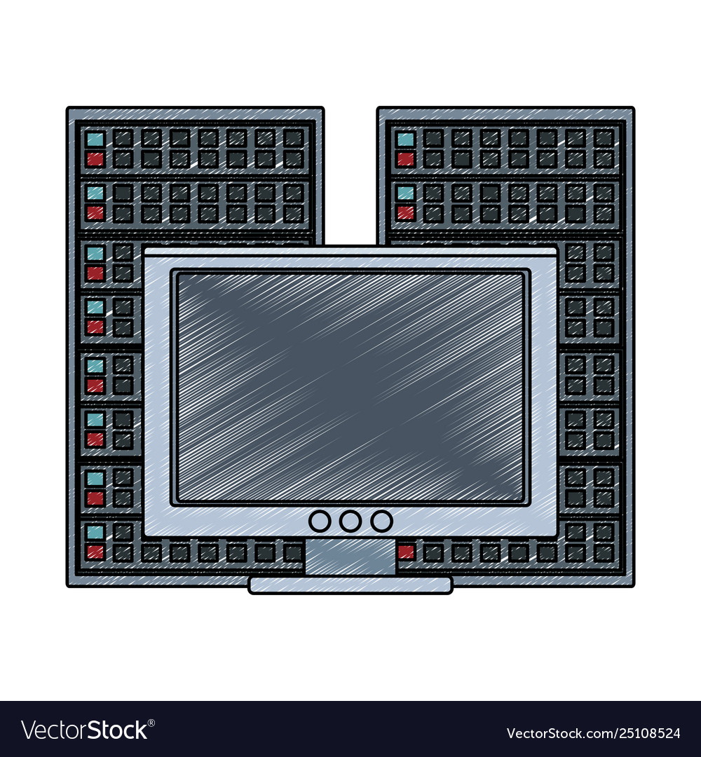 Computer with servers and cloud scribble