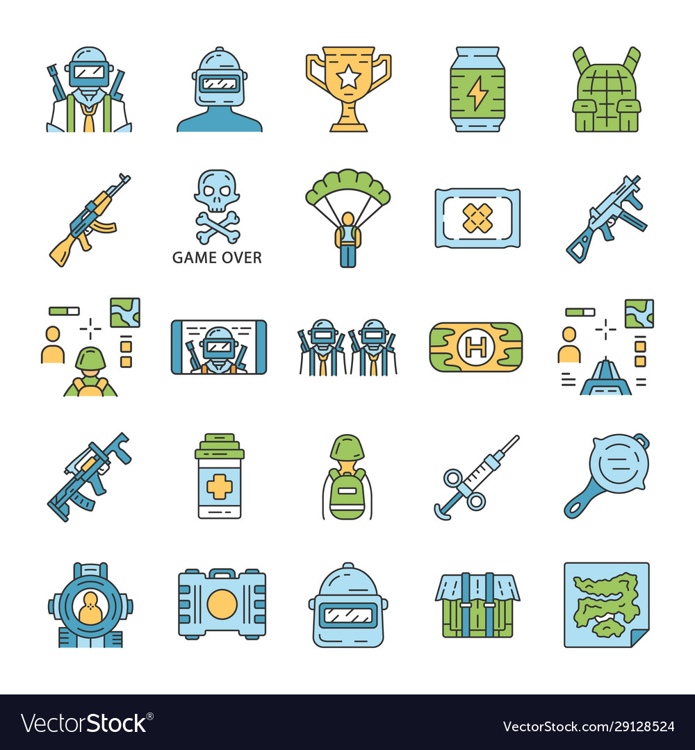 Online game inventory color icons set shooter vector image Online game inventory color icons set shooter