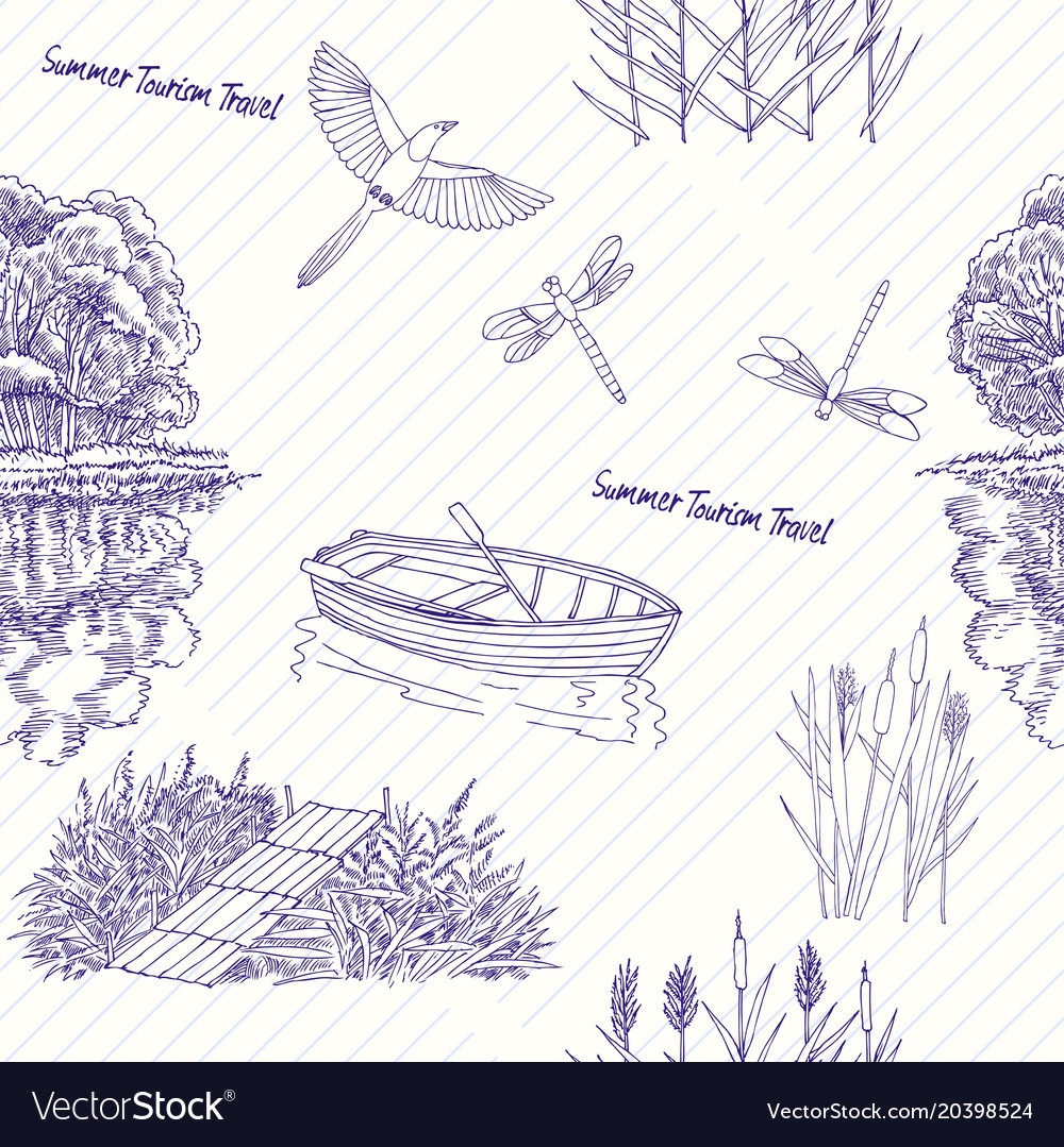 Seamless pattern with boat and trees