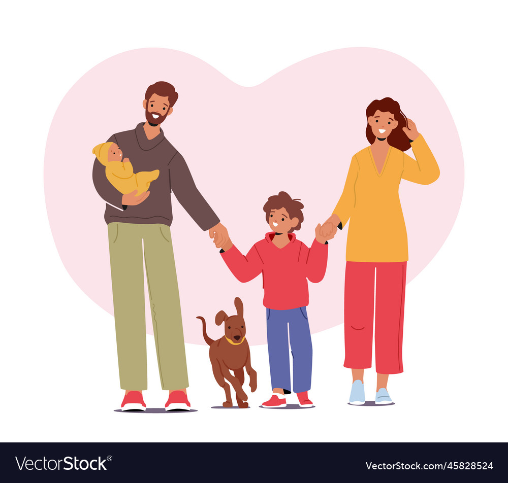 Young family characters children parents and pet