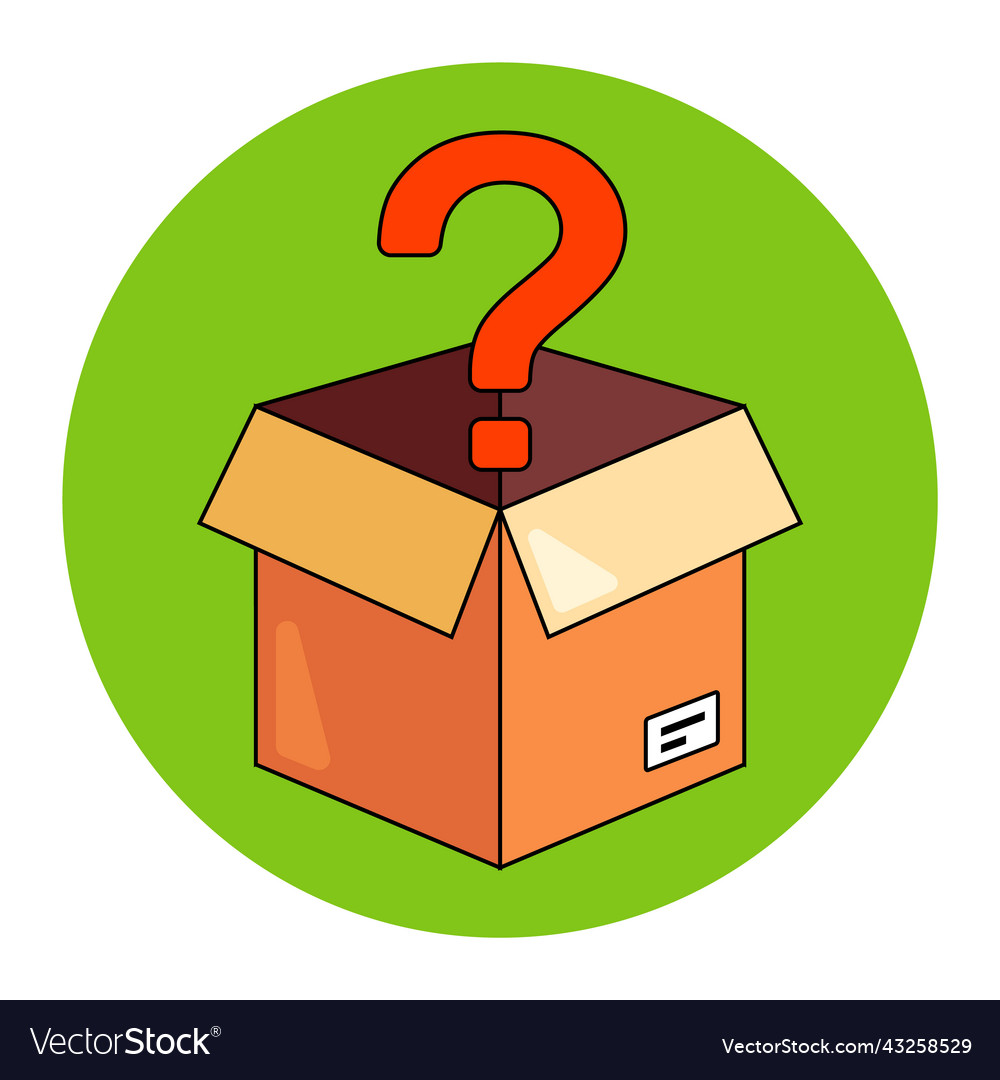 Cardboard box with a red question mark unpack