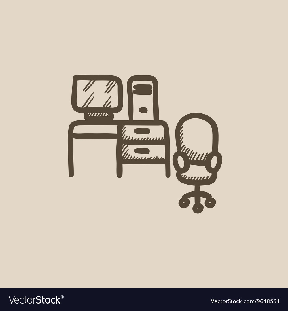 Computer set with table and chair sketch icon