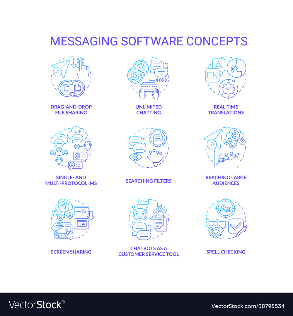 Messaging software blue gradient concept icons set vector image Messaging software blue gradient concept icons set