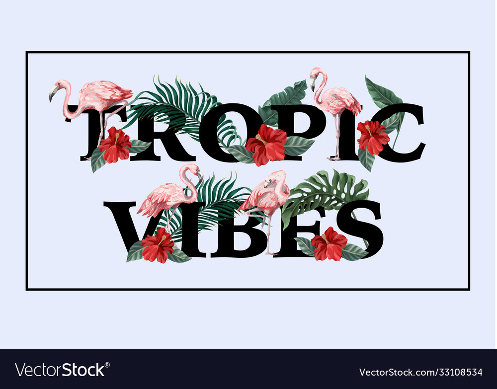 Print for t-shirt with flowers and flamingo vector image Print for t-shirt with flowers and flamingo