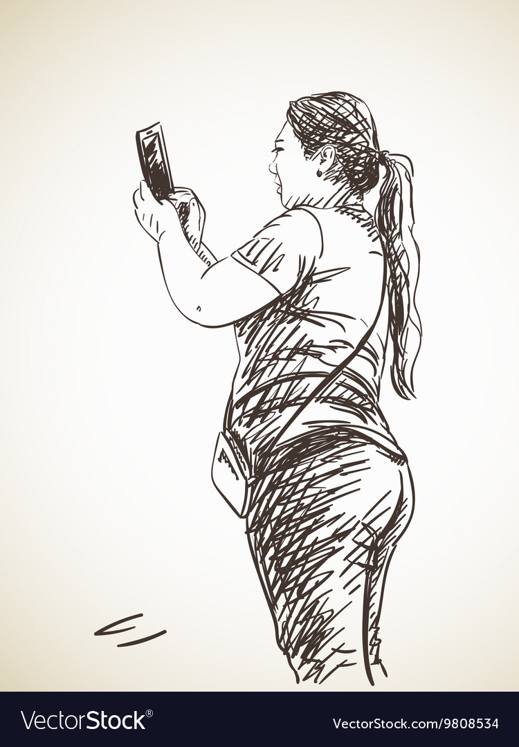 Sketch woman taking photo with smart phone hand