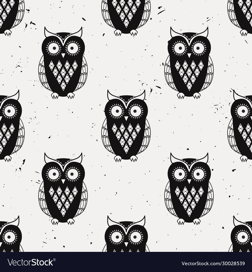 Grunge monochrome seamless pattern with cute owls vector image Grunge monochrome seamless pattern with cute owls