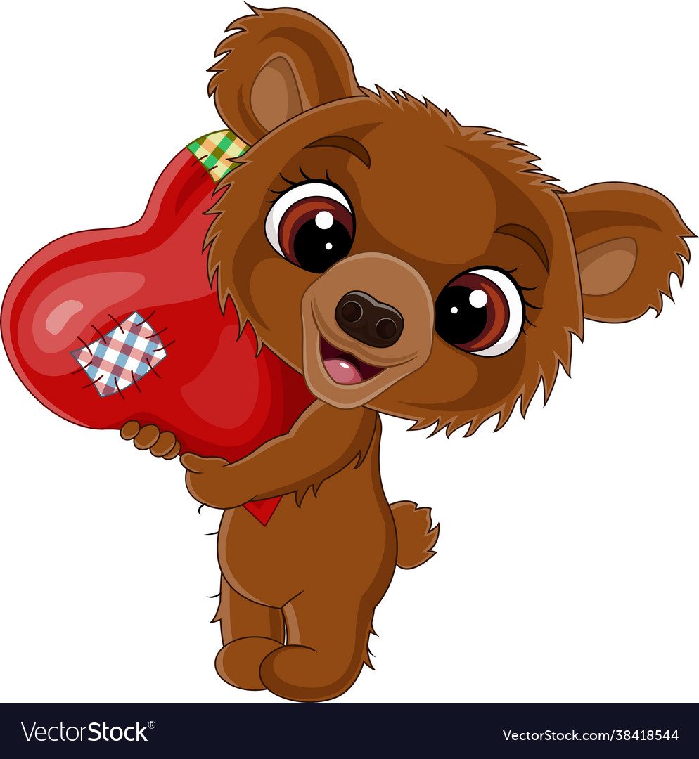 Cartoon baby bear holding red heart