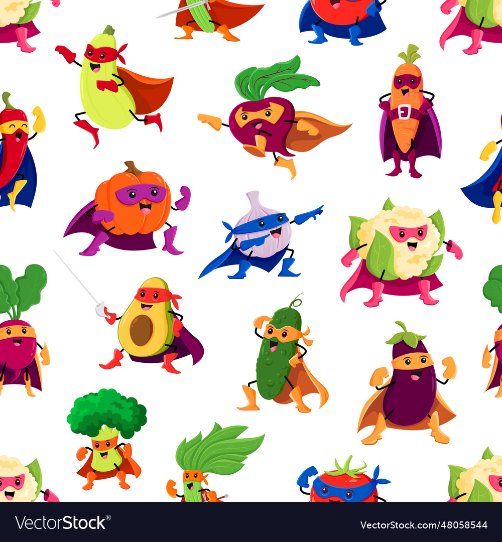 Cartoon vegetable superhero characters pattern vector image Cartoon vegetable superhero characters pattern
