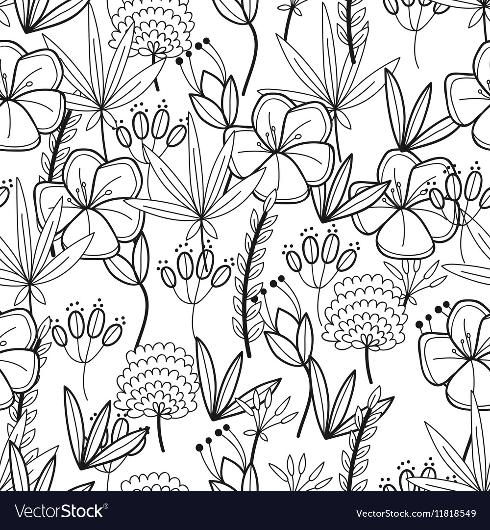 Black and white seamless pattern with flowers