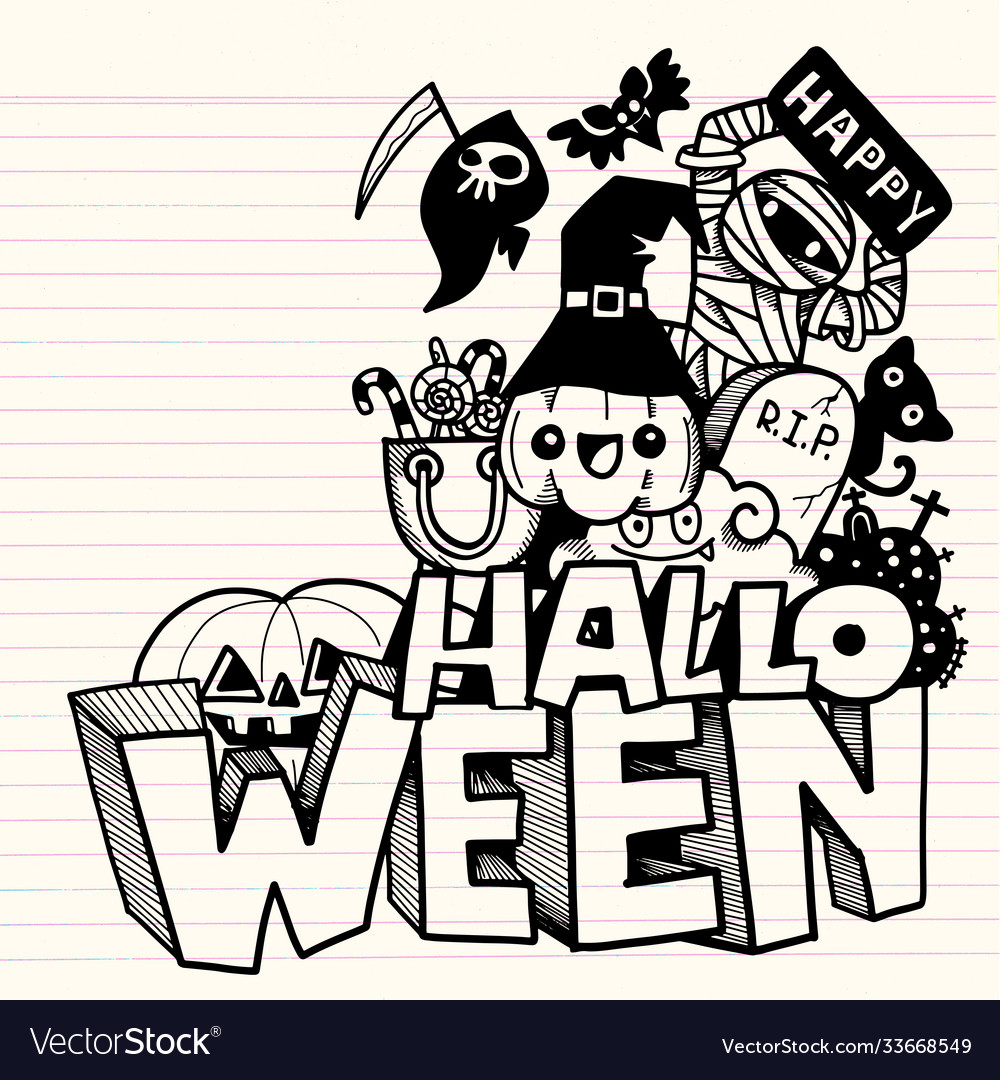 Premium Vector, Set doodle drawing hand drawn halloween black and white