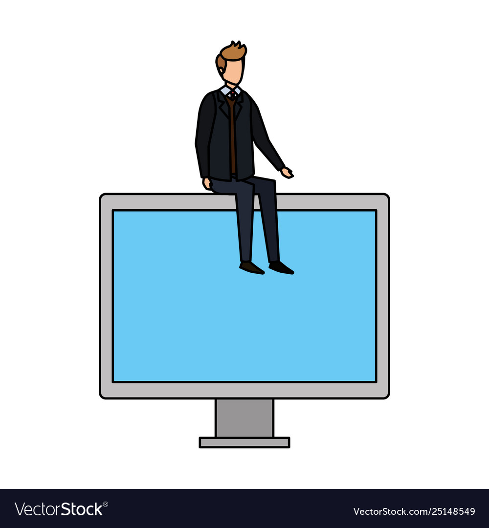 Elegant businessman sitting in computer display vector image Elegant businessman sitting in computer display