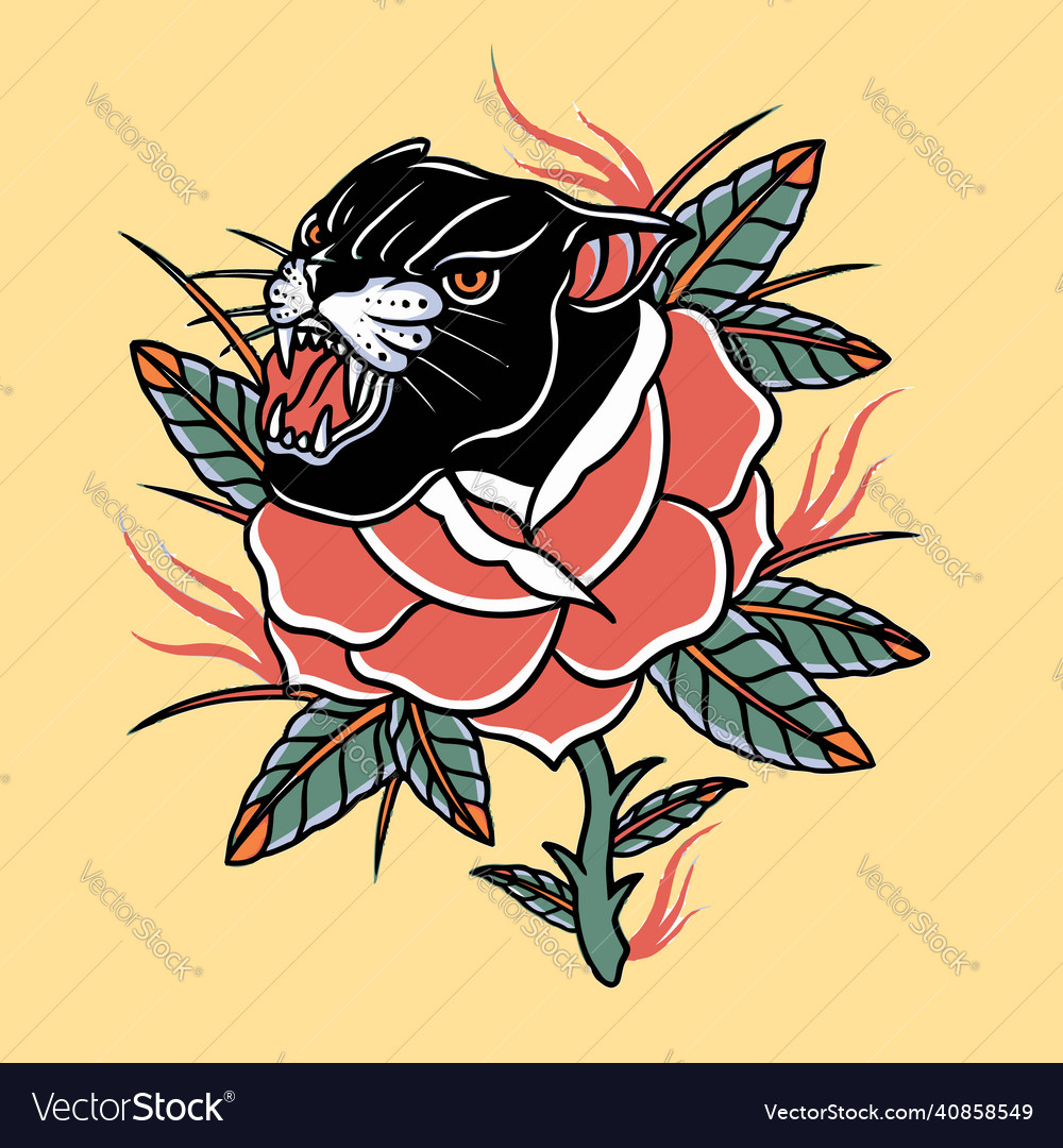 Red rose with black panther head Royalty Free Vector Image