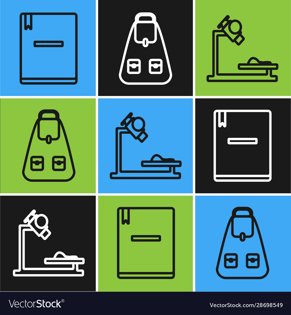 Set line notebook microscope and school backpack vector image Set line notebook microscope and school backpack